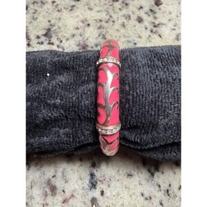 Pink Enamel Hinged Bangle Bracelet Gold Tone Rhinestone Accent